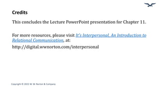 Credits
This concludes the Lecture PowerPoint presentation for Chapter 11.
For more resources, please visit It’s Interpersonal, An Introduction to
Relational Communication, at:
http://digital.wwnorton.com/interpersonal
Copyright © 2022 W. W. Norton & Company
 