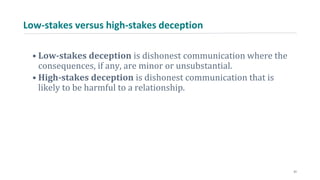 Low-stakes versus high-stakes deception
• Low-stakes deception is dishonest communication where the
consequences, if any, are minor or unsubstantial.
• High-stakes deception is dishonest communication that is
likely to be harmful to a relationship.
21
 