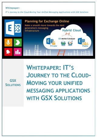[ A d r e s s e d e l a s o c i é t é ] Page 0
Whitepaper:
IT’s Journey to the Cloud Moving Your Unified Messaging Applications with GSX Solutions
GSX
SOLUTIONS
WHITEPAPER: IT’S
JOURNEY TO THE CLOUD-
MOVING YOUR UNIFIED
MESSAGING APPLICATIONS
WITH GSX SOLUTIONS
 