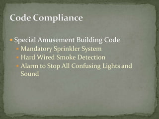 Special Amusement Building Code
Mandatory Sprinkler System
Hard Wired Smoke Detection
Alarm to Stop All Confusing Ligh...