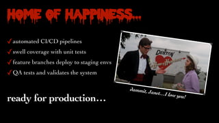 dammit, Janet…I love you!
home of happiness…
✓automated CI/CD pipelines
✓swell coverage with unit tests
✓feature branches deploy to staging envs
✓QA tests and validates the system
ready for production…
 