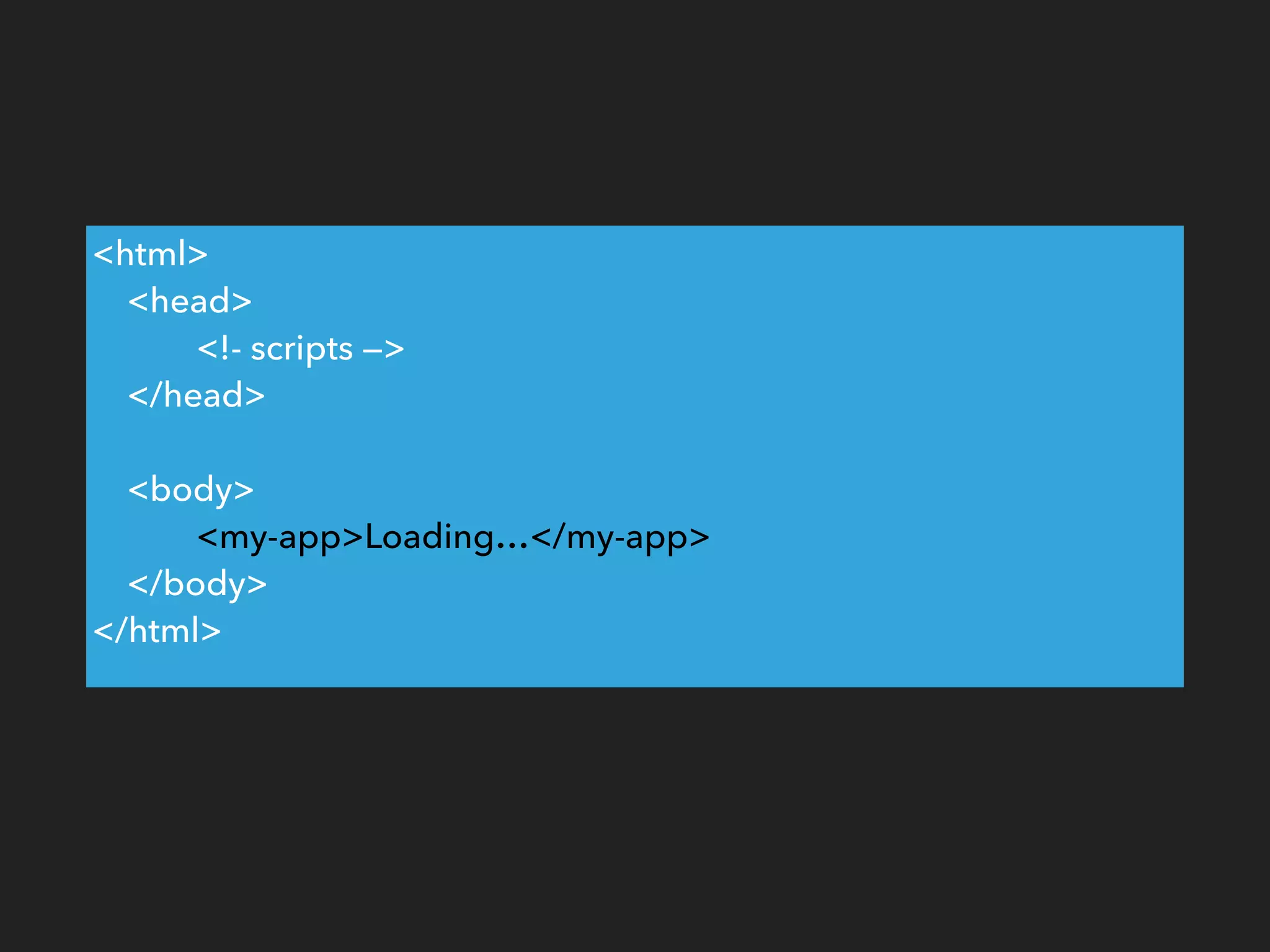 <html>
<head>
<!- scripts —>
</head>
<body>
<my-app>Loading…</my-app>
</body>
</html>
 
