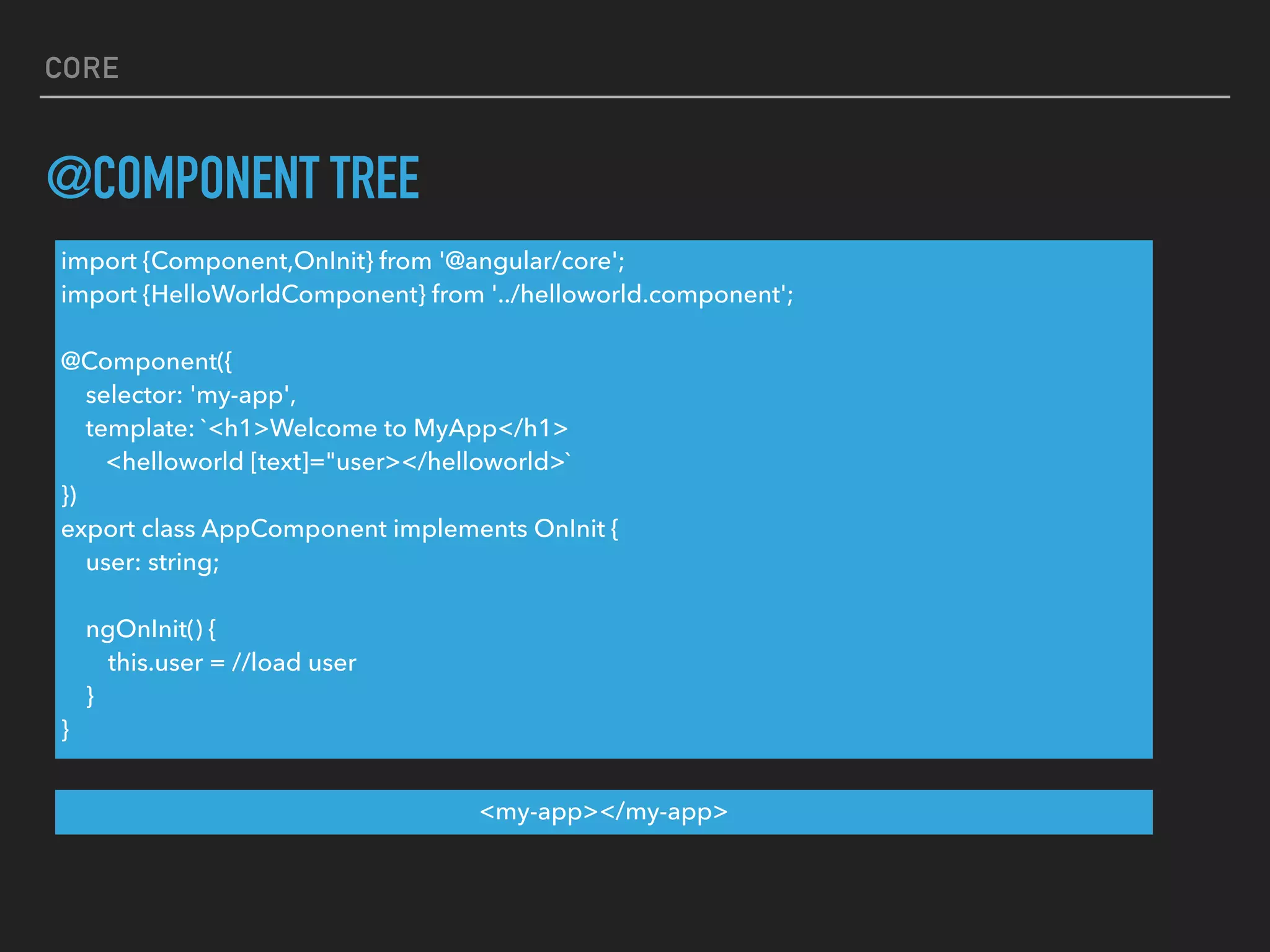 CORE
@COMPONENT TREE
import {Component,OnInit} from '@angular/core';
import {HelloWorldComponent} from '../helloworld.component';
@Component({
selector: 'my-app',
template: `<h1>Welcome to MyApp</h1>
<helloworld [text]="user></helloworld>`
})
export class AppComponent implements OnInit {
user: string;
ngOnInit() {
this.user = //load user
}
}
<my-app></my-app>
 