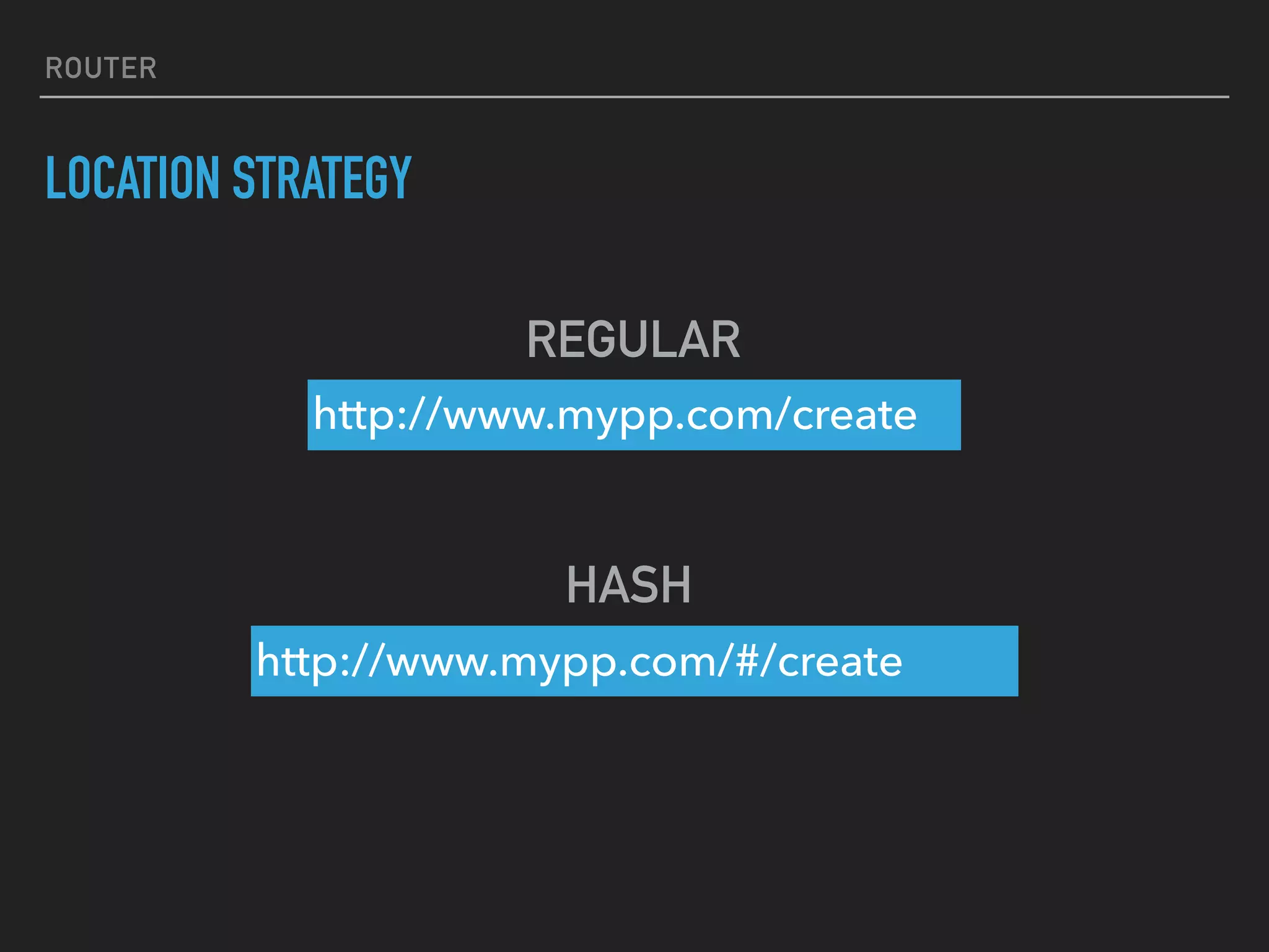 ROUTER
LOCATION STRATEGY
http://www.mypp.com/create
REGULAR
http://www.mypp.com/#/create
HASH
 
