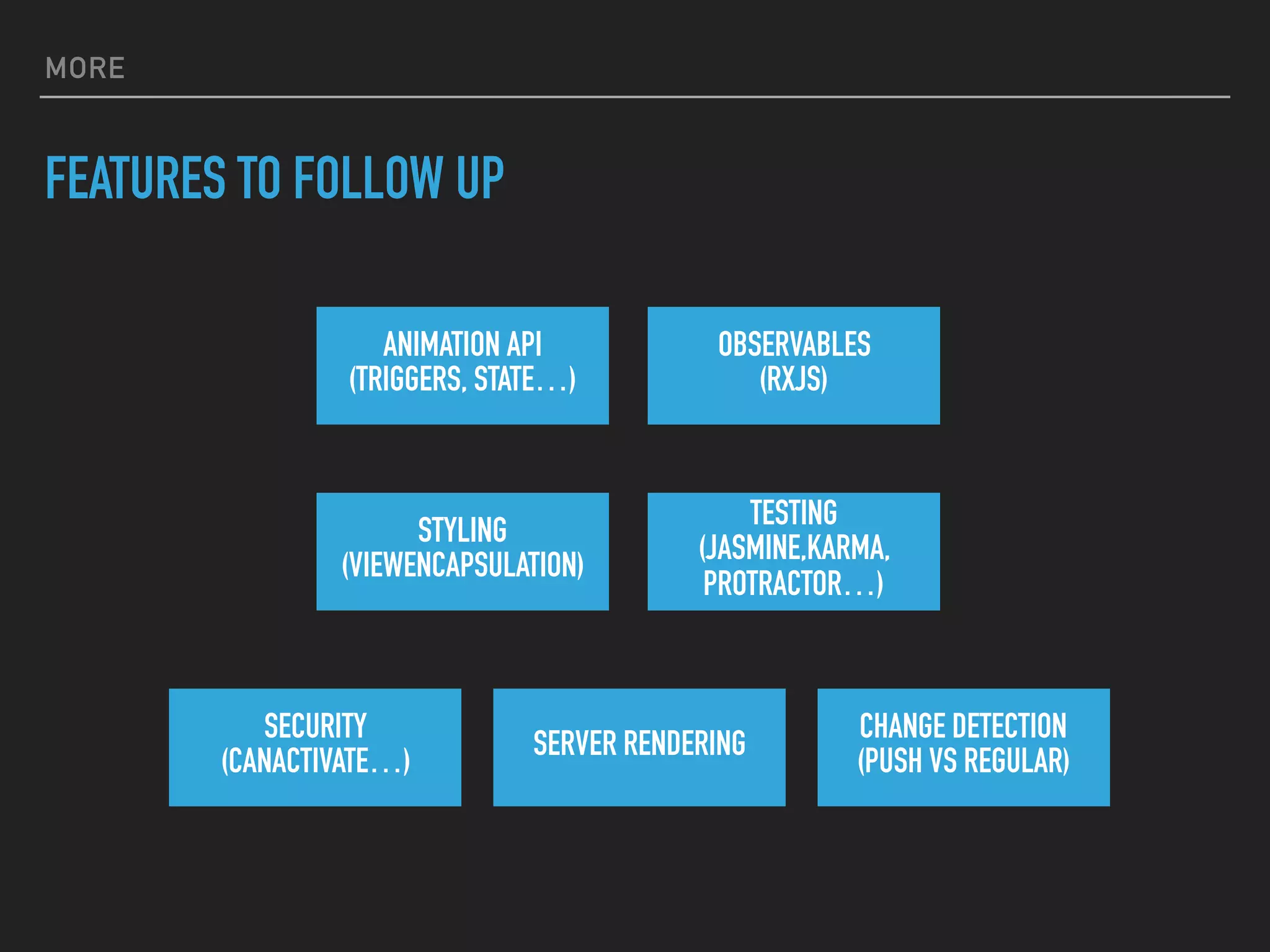 MORE
FEATURES TO FOLLOW UP
ANIMATION API
(TRIGGERS, STATE…)
OBSERVABLES
(RXJS)
STYLING
(VIEWENCAPSULATION)
TESTING
(JASMINE,KARMA,
PROTRACTOR…)
SECURITY
(CANACTIVATE…)
CHANGE DETECTION
(PUSH VS REGULAR)
SERVER RENDERING
 