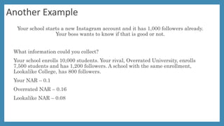 Another Example
Your school starts a new Instagram account and it has 1,000 followers
already. Your boss wants to know if that is good or not.
What information could you collect?
Your school enrolls 10,000 students. Your rival, Overrated University,
enrolls 7,500 students and has 1,200 followers. A school with the same
enrollment, Lookalike College, has 800 followers.
Your NAR – 0.1
Overrated NAR – 0.16
Lookalike NAR – 0.08
 