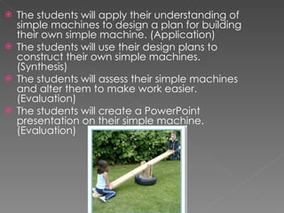 The students will apply their understanding of simple machines to design a plan for building their own simple machine. (Application) The students will use their design plans to construct their own simple machines. (Synthesis) The students will assess their simple machines and alter them to make work easier. (Evaluation) The students will create a PowerPoint presentation on their simple machine. (Evaluation) 