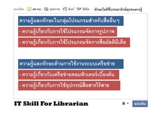 ทักษะไอทีทบรรณารั กษ์ ทุกคนควรรู้
                                                     ี

 ความรู้ และทักษะในกลุ่ มโป
              ั ใ        โปรแกรมสําหรัั บสืืออืืนๆ
                                  ํ
 - ความร้ เกียวกับการใช้ โปรแกรมจัดการรปภาพ
   ความรู กยวกบการใชโปรแกรมจดการรู ปภาพ
 - ความร้ ู เกียวกับการใช้ โปรแกรมจัดการสือมัลติมีเดีย


 ความรู้ และทักษะด้ านการใช้ งานระบบเครื อข่ าย
 - ความรู้ เกียวกับเครื อข่ ายคอมพิวเตอร์ เบืองต้ น
 - ความรู้ เกีียวกัับการใช้้ อุปกรณ์์ สือสารไร้้ สาย
                        ใ                   ไ

IT Skill For Librarian
 