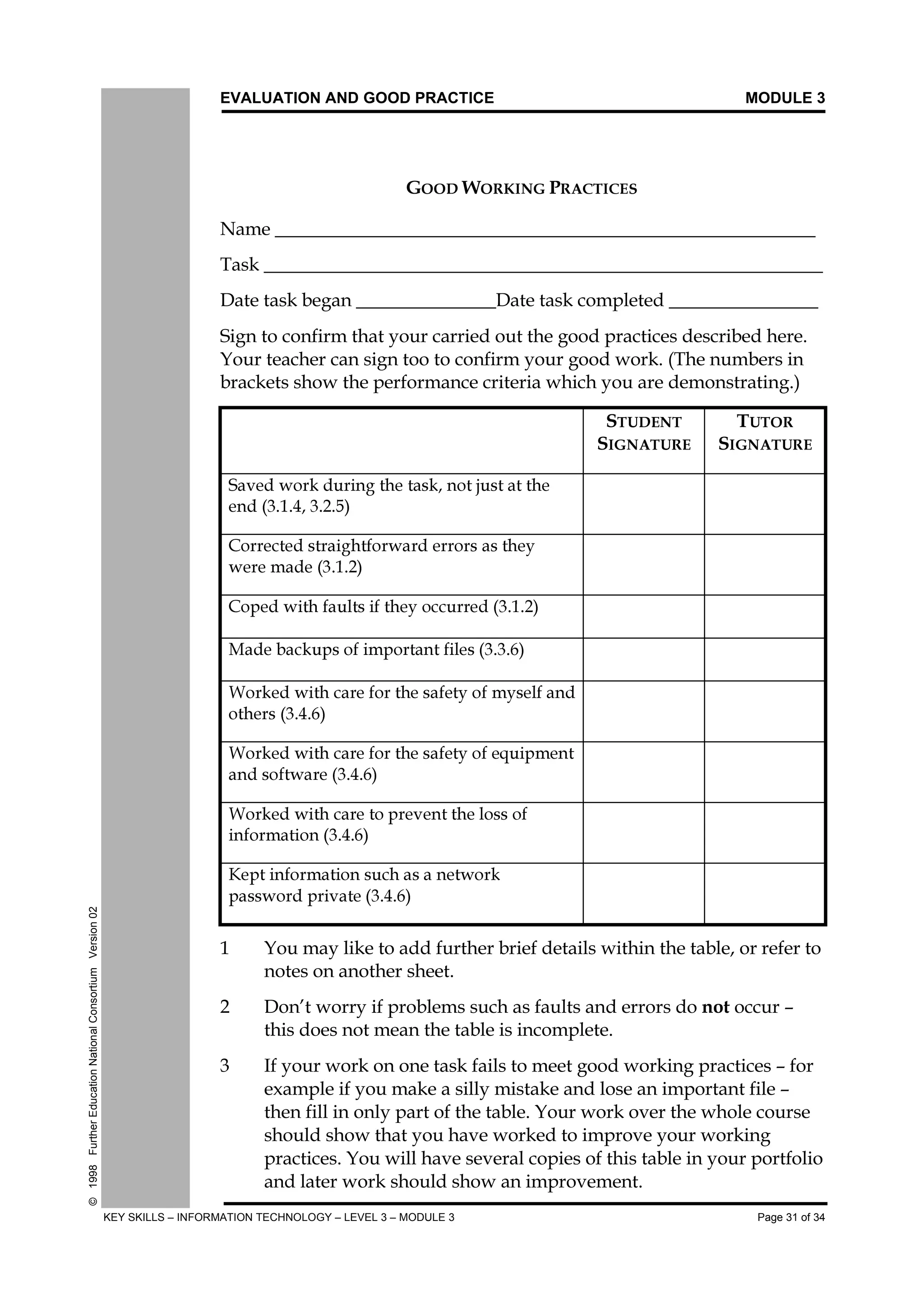 EVALUATION AND GOOD PRACTICE MODULE 3
KEY SKILLS – INFORMATION TECHNOLOGY – LEVEL 3 – MODULE 3 Page 4 of 34
©1998FurtherEducationNationalConsortiumVersion02
Activity 1
1 