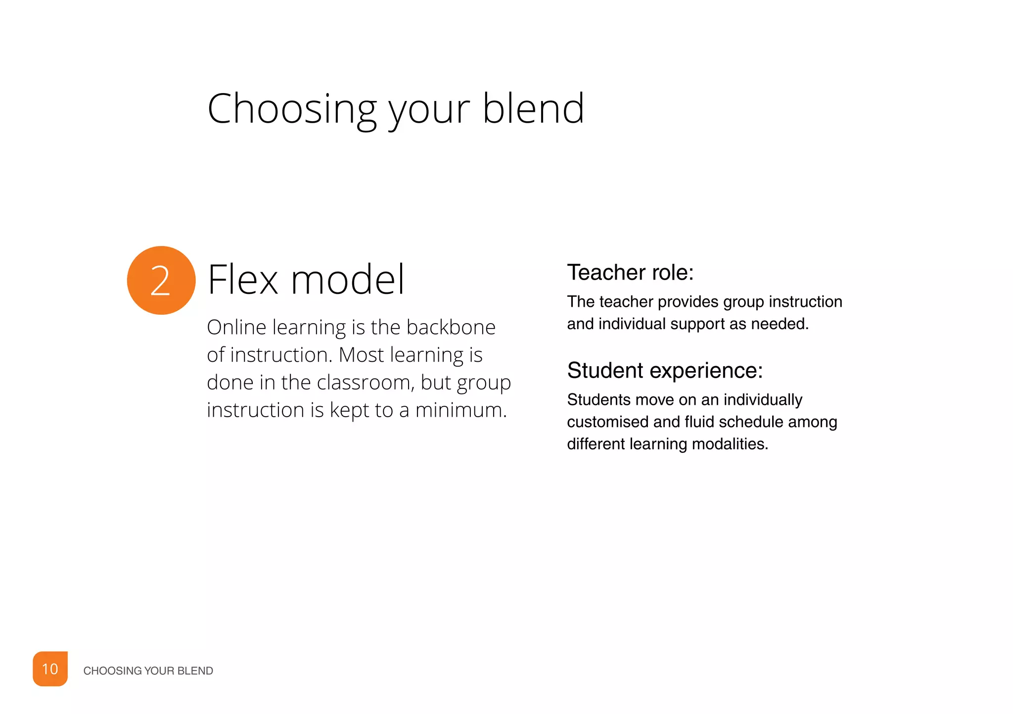 10 CHOOSING YOUR BLEND
Online learning is the backbone
of instruction. Most learning is
done in the classroom, but group
instruction is kept to a minimum.
Flex model2 Teacher role:
The teacher provides group instruction
and individual support as needed.
Student experience:
Students move on an individually
customised and fluid schedule among
different learning modalities.
Choosing your blend
 