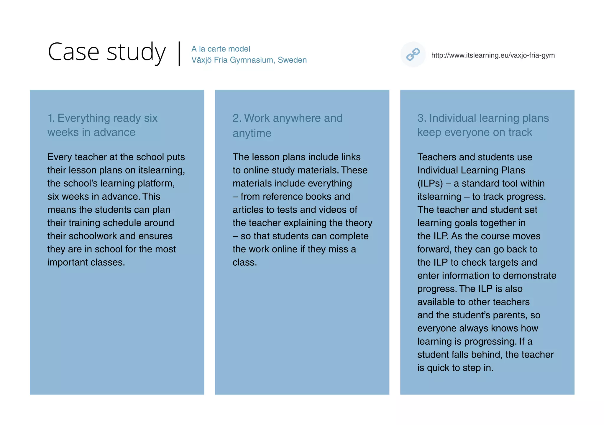 Case study |
3. Individual learning plans
keep everyone on track
2. Work anywhere and
anytime
1. Everything ready six
weeks in advance
A la carte model
Växjö Fria Gymnasium, Sweden
Teachers and students use
Individual Learning Plans
(ILPs) – a standard tool within
itslearning – to track progress.
The teacher and student set
learning goals together in
the ILP. As the course moves
forward, they can go back to
the ILP to check targets and
enter information to demonstrate
progress. The ILP is also
available to other teachers
and the student’s parents, so
everyone always knows how
learning is progressing. If a
student falls behind, the teacher
is quick to step in.
The lesson plans include links
to online study materials. These
materials include everything 	
– from reference books and
articles to tests and videos of
the teacher explaining the theory
– so that students can complete
the work online if they miss a
class.
Every teacher at the school puts
their lesson plans on itslearning,
the school’s learning platform,
six weeks in advance. This
means the students can plan
their training schedule around
their schoolwork and ensures
they are in school for the most
important classes.
http://www.itslearning.eu/vaxjo-fria-gym
 