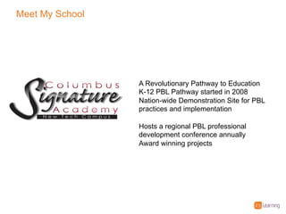 Meet%My%School
A%Revolutionary%Pathway%to%Education
K=12%PBL%Pathway%started%in%2008
Nation=wide%Demonstration%Site%for%PBL%
practices%and%implementation
Hosts%a%regional%PBL%professional%
development%conference%annually
Award%winning%projects
 