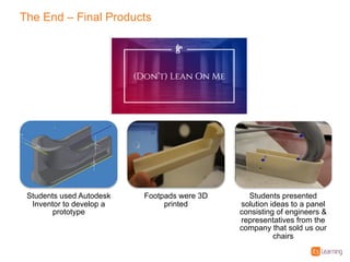 The%End%– Final%Products
Students%used%Autodesk%
Inventor%to%develop%a%
prototype
Footpads%were%3D%
printed
Students%presented%
solution%ideas%to%a%panel%
consisting%of%engineers%&%
representatives%from%the%
company%that%sold%us%our%
chairs
 