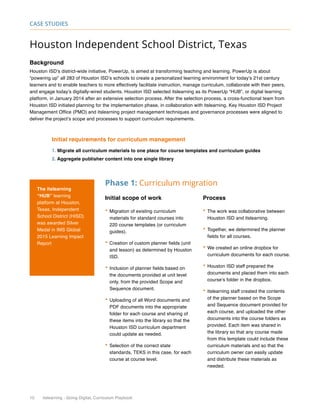 10 itslearning - Going Digital, Curriculum Playbook
Case Studies
Houston Independent School District, Texas
Background
Houston ISD’s district-wide initiative, PowerUp, is aimed at transforming teaching and learning. PowerUp is about
“powering up” all 283 of Houston ISD’s schools to create a personalized learning environment for today’s 21st century
learners and to enable teachers to more effectively facilitate instruction, manage curriculum, collaborate with their peers,
and engage today’s digitally-wired students. Houston ISD selected itslearning as its PowerUp “HUB”, or digital learning
platform, in January 2014 after an extensive selection process. After the selection process, a cross-functional team from
Houston ISD initiated planning for the implementation phase, in collaboration with itslearning. Key Houston ISD Project
Management Office (PMO) and itslearning project management techniques and governance processes were aligned to
deliver the project’s scope and processes to support curriculum requirements.
Initial requirements for curriculum management
1. Migrate all curriculum materials to one place for course templates and curriculum guides
2. Aggregate publisher content into one single library
Phase 1: Curriculum migration
Initial scope of work
•	Migration of existing curriculum
materials for standard courses into
220 course templates (or curriculum
guides).
•	Creation of custom planner fields (unit
and lesson) as determined by Houston
ISD.
•	Inclusion of planner fields based on
the documents provided at unit level
only, from the provided Scope and
Sequence document.
•	Uploading of all Word documents and
PDF documents into the appropriate
folder for each course and sharing of
these items into the library so that the
Houston ISD curriculum department
could update as needed.
•	Selection of the correct state
standards, TEKS in this case, for each
course at course level.
Process
•	The work was collaborative between
Houston ISD and itslearning.
•	Together, we determined the planner
fields for all courses.
•	We created an online dropbox for
curriculum documents for each course.
•	Houston ISD staff prepared the
documents and placed them into each
course’s folder in the dropbox.
•	itslearning staff created the contents
of the planner based on the Scope
and Sequence document provided for
each course, and uploaded the other
documents into the course folders as
provided. Each item was shared in
the library so that any course made
from this template could include these
curriculum materials and so that the
curriculum owner can easily update
and distribute these materials as
needed.
The itslearning
“HUB” learning
platform at Houston,
Texas, Independent
School District (HISD)
was awarded Silver
Medal in IMS Global
2015 Learning Impact
Report
 