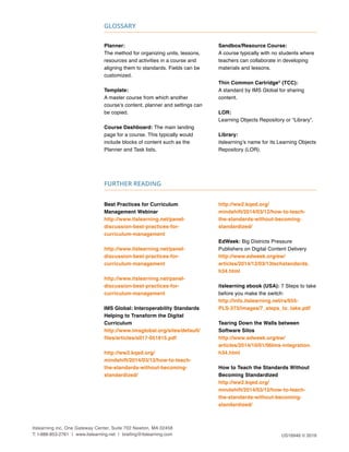 Planner:
The method for organizing units, lessons,
resources and activities in a course and
aligning them to standards. Fields can be
customized.
Template:
A master course from which another
course’s content, planner and settings can
be copied.
Course Dashboard: The main landing
page for a course. This typically would
include blocks of content such as the
Planner and Task lists.
Sandbox/Resource Course:
A course typically with no students where
teachers can collaborate in developing
materials and lessons.
Thin Common Cartridge®
(TCC):
A standard by IMS Global for sharing
content.
LOR:
Learning Objects Repository or “Library”.
Library:
itslearning’s name for its Learning Objects
Repository (LOR).
Best Practices for Curriculum
Management Webinar
http://www.itslearning.net/panel-
discussion-best-practices-for-
curriculum-management
http://www.itslearning.net/panel-
discussion-best-practices-for-
curriculum-management
http://www.itslearning.net/panel-
discussion-best-practices-for-
curriculum-management
IMS Global: Interoperability Standards
Helping to Transform the Digital
Curriculum
http://www.imsglobal.org/sites/default/
files/articles/slI17-051815.pdf
http://ww2.kqed.org/
mindshift/2014/03/12/how-to-teach-
the-standards-without-becoming-
standardized/
http://ww2.kqed.org/
mindshift/2014/03/12/how-to-teach-
the-standards-without-becoming-
standardized/
EdWeek: Big Districts Pressure
Publishers on Digital Content Delivery
http://www.edweek.org/ew/
articles/2014/12/03/13techstandards.
h34.html
itslearning ebook (USA): 7 Steps to take
before you make the switch:
http://info.itslearning.net/rs/655-
PLS-373/images/7_steps_to_take.pdf
Tearing Down the Walls between
Software Silos
http://www.edweek.org/ew/
articles/2014/10/01/06lms-integration.
h34.html
How to Teach the Standards Without
Becoming Standardized
http://ww2.kqed.org/
mindshift/2014/03/12/how-to-teach-
the-standards-without-becoming-
standardized/
Glossary
FURTHER READING
itslearning inc, One Gateway Center, Suite 702 Newton, MA 02458
T: 1-888-853-2761 | www.itslearning.net | briefing@itslearning.com US16946 © 2016
 