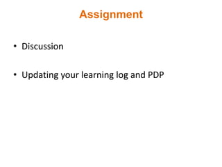 Assignment
• Discussion
• Updating your learning log and PDP
 