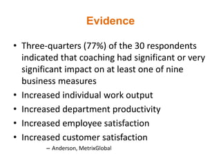 Evidence
• Three-quarters (77%) of the 30 respondents
indicated that coaching had significant or very
significant impact on at least one of nine
business measures
• Increased individual work output
• Increased department productivity
• Increased employee satisfaction
• Increased customer satisfaction
– Anderson, MetrixGlobal
 
