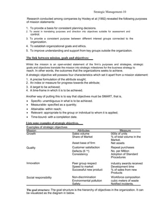 Strategic Management-10

Research conducted among companies by Hooley et al (1992) revealed the following purposes
of mission statements:

1. To provide a basis for consistent planning decisions.
2. To assist in translating purposes and direction into objectives suitable for assessment and
     control.
3. To provide a consistent purpose between different interest groups connected to the
   organization.
4. To establish organizational goals and ethics.
5. To improve understanding and support from key groups outside the organization.

The link between mission, goals and objectives:

Whilst the mission is an open-ended statement of the firm’s purposes and strategies, strategic
goals and objectives translate the mission into strategic milestones for the business strategy to
reach. In other words, the outcomes that the organizations seeks to achieve.
A strategic objective will possess four characteristics which set it apart from a mission statement:
1.   A precise formulation of the attribute sought;
2.   An index or measure for progress towards the attribute;
3.   A target to be achieved;
4.   A time-frame in which it is to be achieved.

Another way of putting this is to say that objectives must be SMART, that is,
•    Specific- unambiguous in what is to be achieved.
•    Measurable- specified as a quantity;
•    Attainable- within reach;
•    Relevant- appropriate to the group or individual to whom it is applied;
•    Time-bound- with a completion date.

Lists some examples of strategic objectives.
Examples of strategic objectives
Mission                                    Attributes                              Measure
Growth                                Sales volume                          000s of units
                                      Share of Market                       % of total volume in the
                                                                            Market.
                                         Asset base of firm                 Net assets
Quality                                  Customer satisfaction              Repeat purchases
                                         Defects (6 )                      No. per Million
                                         Consistency                        Adoption of Standard
                                                                            Procedures

Innovation                               Peer group respect                 industry awards received
                                         Speed to market                    Development time
                                         Successful new product             % of sales from new
                                                                            Products
Social responsibility                    Non-discrimination                 Workforce composition
                                         Environmental pollution            cubic meters of waste
                                         Safety                             Notified incidents.

The goal structure: The goal structure is the hierarchy of objectives in the organization. It can
be visualized as the diagram in below.
 