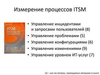 Измерение процессов ITSM
• Управление инцидентами
и запросами пользователей (8)
• Управление проблемами (5)
• Управление конфигурациями (6)
• Управление изменениями (9)
• Управление уровнем ИТ-услуг (7)
(х) – кол-во метрик, приводимых авторами в книге
 