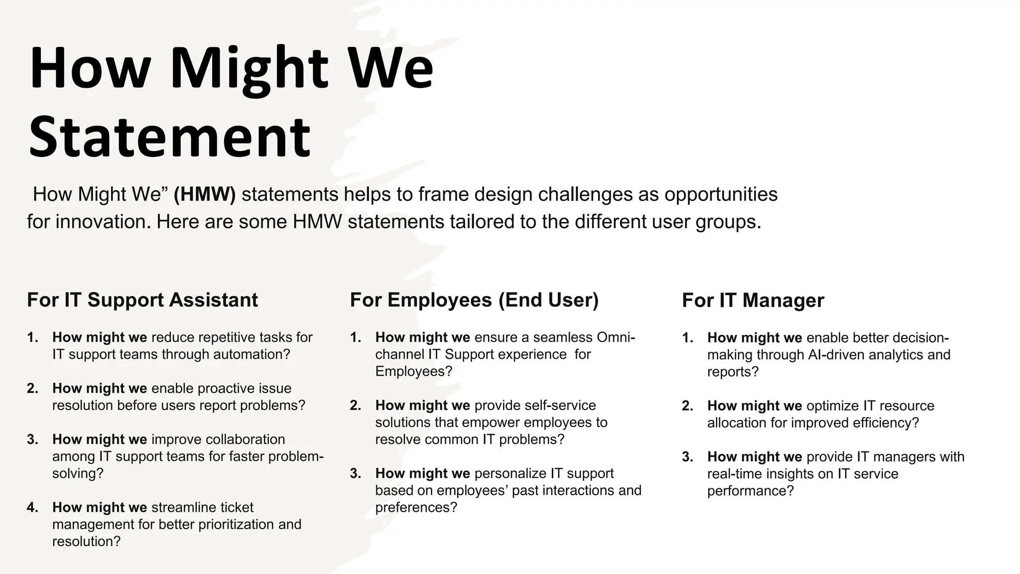 How Might We
Statement
For IT Support Assistant
1. How might we reduce repetitive tasks for
IT support teams through automation?
2. How might we enable proactive issue
resolution before users report problems?
3. How might we improve collaboration
among IT support teams for faster problem-
solving?
4. How might we streamline ticket
management for better prioritization and
resolution?
For Employees (End User)
1. How might we ensure a seamless Omni-
channel IT Support experience for
Employees?
2. How might we provide self-service
solutions that empower employees to
resolve common IT problems?
3. How might we personalize IT support
based on employees’ past interactions and
preferences?
For IT Manager
1. How might we enable better decision-
making through AI-driven analytics and
reports?
2. How might we optimize IT resource
allocation for improved efficiency?
3. How might we provide IT managers with
real-time insights on IT service
performance?
How Might We” (HMW) statements helps to frame design challenges as opportunities
for innovation. Here are some HMW statements tailored to the different user groups.
 