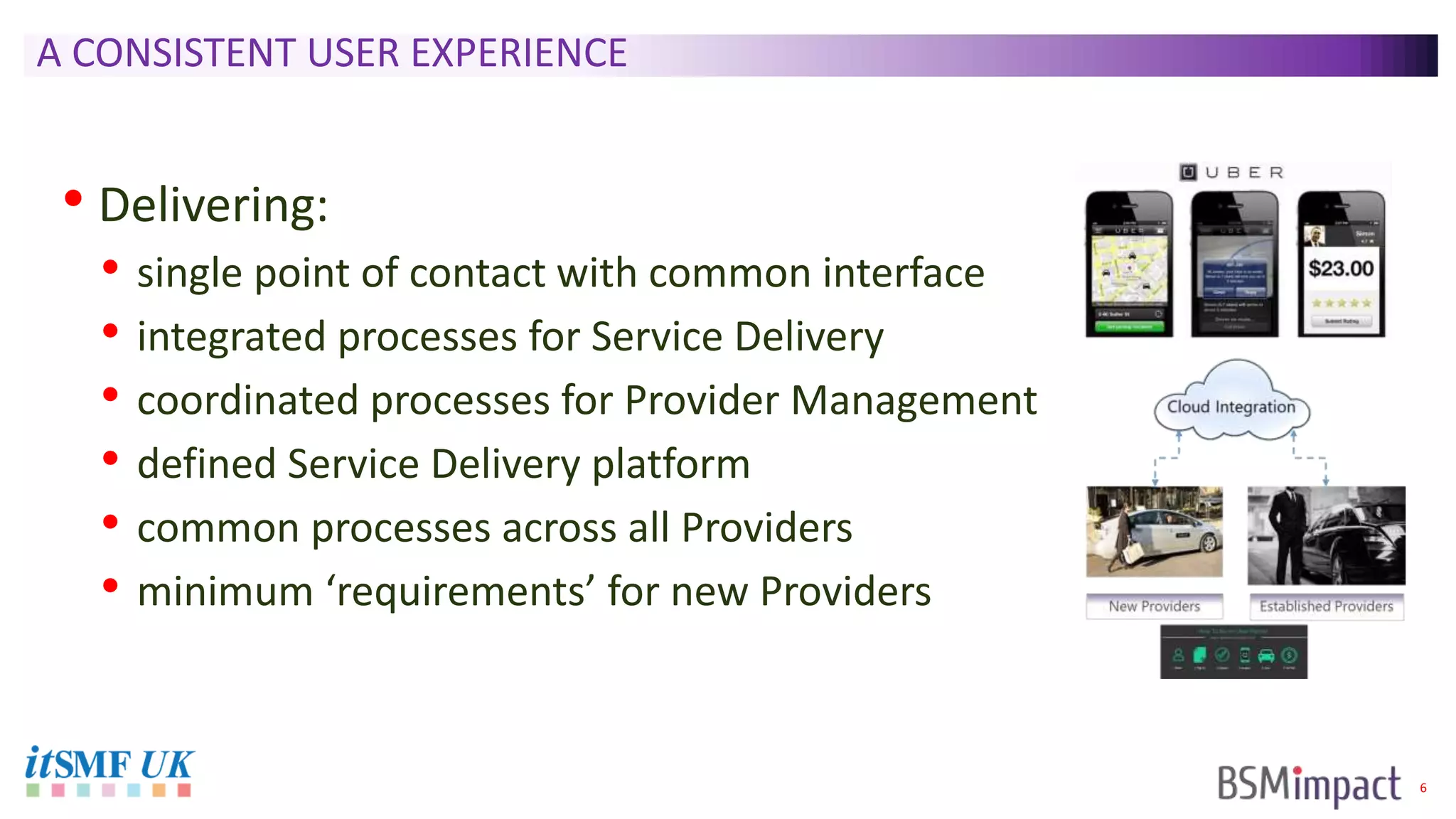 6
A CONSISTENT USER EXPERIENCE
• Delivering:
• single point of contact with common interface
• integrated processes for Service Delivery
• coordinated processes for Provider Management
• defined Service Delivery platform
• common processes across all Providers
• minimum ‘requirements’ for new Providers
 
