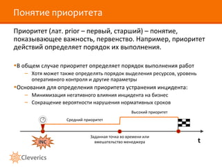 Понятие приоритета Приоритет (лат.  prior  – первый, старший) – понятие, показывающее важность, первенство. Например, приоритет действий определяет порядок их выполнения. В общем случае приоритет определяет порядок выполнения работ Хотя может также определять порядок выделения ресурсов, уровень оперативного контроля и другие параметры Основания для определения приоритета устранения инцидента: Минимизация негативного влияния инцидента на бизнес Сокращение вероятности нарушения нормативных сроков t INC Средний приоритет Высокий приоритет Заданная точка во времени или вмешательство менеджера 