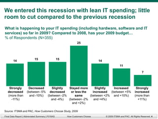 We entered this recession with lean IT spending; little
room to cut compared to the previous recession
What is happening to your IT spending (including hardware, software and IT
services) so far in 2009? Compared to 2008, has your 2009 budget…
% of Respondents (N=355)
                                                                25




                            15                     15
        14                                                                     14
                                                                                                 11

                                                                                                                      7




    Strongly          Decreased     Slightly  Stayed more      Slightly  Increased                              Strongly
   decreased         (between -5% decreased    or less the   increased (between +5%                            increased
   (more than          and -10%) (between -2%     same     (between +2% and +10%)                              (more than
     -11%)                         and -4%)   (between -2%    and +4%)                                           +11%)
                                                and +2%)

Source: ITSMA and PAC, How Customers Choose Study, 2009
Final Data Report | Abbreviated Summary | F016AS        How Customers Choose        © 2009 ITSMA and PAC. All Rights Reserved. 4
 