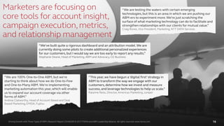 Driving Growth with Three Types of ABM | Research Report | SV4603R © 2017 ITSMA and ABM Leadership Alliance. All rights reserved. www.itsma.com 16
Marketers are focusing on
core tools for account insight,
campaign execution,metrics,
and relationship management
“We are testing the waters with certain emerging
technologies, but this is an area in which we are pushing our
ABM-ers to experiment more.We’re just scratching the
surface of what marketing technology can do to facilitate and
strengthen relationships with our clients for mutual value.”
Craig Rones, Vice President, Marketing, NTT DATA Services
“We are 100% One-to-One ABM, but we're
starting to think about how we do One-to-Few
and One-to-Many ABM. We're implementing
marketing automation this year,which will enable
us to expand our account coverage via other
forms of ABM.”
Andrea Clatworthy, Head of Account Based and Deal
Based Marketing, EMEIA, Fujitsu
“We’ve built quite a rigorous dashboard and an attribution model. We are
currently doing some pilots to create additional personalized experiences
for our customers, but I would say we are too early to report any results.”
Stephanie Deane, Head of Marketing, ABM and Advocacy, O2 Business
“This year,we have begun a ‘digital first’ strategy in
ABM to transform the way we engage with our
customers, determine how we invest and measure
success, and leverage technologies to help us scale.”
Raianne Reiss, Director, Americas Marketing,Juniper
Driving Growth with Three Types of ABM | Research Report | SV4603R © 2017 ITSMA and ABM Leadership Alliance. All rights reserved. www.itsma.com 16
 