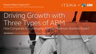 +
Driving Growth with
Three Types of ABM
HowCompaniesAreLeveragingABMforMaximumBusiness Impact
Julie SchwartzSeniorVice President,Research andThoughtLeadership,ITSMA
Research Report | August 2017
Key Findings from 2017 ABM Benchmark Study
 