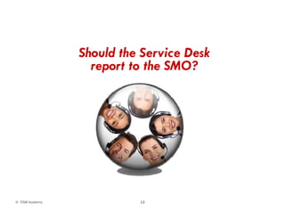 Should the Service Desk
report to the SMO?report to the SMO?
13© ITSM Academy 13
 