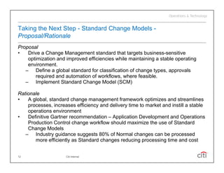 Taking the Next Step - Standard Change Models -
Proposal/Rationale
Proposal
•   Drive a Change Management standard that targets business-sensitive
                                                       business sensitive
    optimization and improved efficiencies while maintaining a stable operating
    environment.
   – Define a global standard for classification of change types, approvals
        required and automation of workflows, where feasible
                                   workflows         feasible.
   – Implement Standard Change Model (SCM)

Rationale
•   A global, standard change management f   framework optimizes and streamlines
    processes, increases efficiency and delivery time to market and instill a stable
    operations environment
•   Definitive Gartner recommendation – Application Development and Operations
                                          pp                p              p
    Production Control change workflow should maximize the use of Standard
    Change Models
   – Industry guidance suggests 80% of Normal changes can be processed
       more efficiently as Standard changes reducing processing time and cost


12                   Citi Internal
 