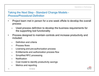 Taking the Next Step - Standard Change Models -
Process/Procedural Definition
•    Project team met in person for a one week offsite to develop the overall
     process
     –   Used process definition to develop the business requirements for
         the supporting tool functionality
•    Process designed to maintain controls and increase productivity and
     included:
     –   Definition and criteria
     –   Process flows
     –   Licensing and pre-authorization process
     –   Entitlements and authorization process flow
     –   Simplified RFC processing
     –   Notification
     –   Cost model to identify productivity savings
     –   Metrics and reporting
15                    Citi Internal
 