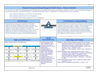 Production Assurance Change Management Work Stream – Mission Statement
The mission of the SEPG PA Change Management Work Stream is to develop and maintain a standardized, integrated, stable, end-to-end Change Management
process and framework. As part of this process, the SEPG PA CM Work Stream is responsible for ensuring that our process standards:
         Meet corporate objectives as set forth by the CIO Council
         Meet regulatory expectations for risk management
         Are internally consistent and in alignment across IT disciplines

                         PA CM Charter                                                                            PA CM Members & Responsibilities

Implement processes designed to standardize and simplify                                              SEPG PA CM Work Stream members are empowered to make decisions
attainment of common CM goals across regions and sectors in                                           on behalf of their sector, region or function. They manage the review
support of CIO Council Technology Governance objectives. These                                        calendar of upcoming standards, coordinate and track ongoing
strategic and tactical objectives may be directed from the                                            activities of the Tactical Operating Committee, track and manage the
regulators, from the Chief IT Risk Officer in response to an evolving                                 list of ongoing initiatives. The team also operationally coordinates
control issue, the SEPG PA CM Work Stream in response to an                                           updates to the physical standards documents and their publication,
alignment issue with the current Change Management process or                                         and reviews the wording of the CM IT Policy Standard for consistency
from the CIO Council in response to an organizational objective.
f     h               l                               l b                                             and completeness before submission to the CIOC.
                                                                                                                              f



                                                                               PA CM
                  High-Level SCM Process                                  Accomplishments                               Next Steps and Timeline
Major activities related to the SCM Process:                            Assembled Work Stream         SCM Phase 2 rollout activities (business requirements for new and
                                                                        team; established Charter              enhanced VC/Infoman SCM functionality; license rollout to 200
                                                                        and Governance process                 applications/change types; updated process & procedure
                                                                        Standardized the RFC record            documentation; training module availability; Lunch & Learn
                                                                        closure policy                         activities) – July 1 – October 30, 2010
                                                                        Developed plans for                    Rollout RFC Lifecycle globally; monitor results – September 9,
                                                                        Standard Change Model                  2010
                                                                        (SCM) rollout; identified     Review and update Global Change Management Policy to ensure
                                                                        Phase 1 pilot candidates               consistency, Audit and Regulatory transparency and retention
                                                                        Established 2010 Work                  of risk policies and controls – September 30, 2010
                                                                        Stream goals                           Implement additional VC/Infoman enhancements and
                                                                        Completed SCM Phase 1                  complete Phase 2 pilot activities – November 1 – December
                                                                        Business Requirements and              31, 2010
                                                                        SCM Pilot project plan        Implement the Follow the Sun change management support model –
                                                                        Completed SCM Phase 1                  December 31, 2010
                                                                        pilot; initiated Phase 2      Rollout Standard Change processing globally – January 1, 2011
                                                                        activities



                                                22 Internal
                                                Citi
 