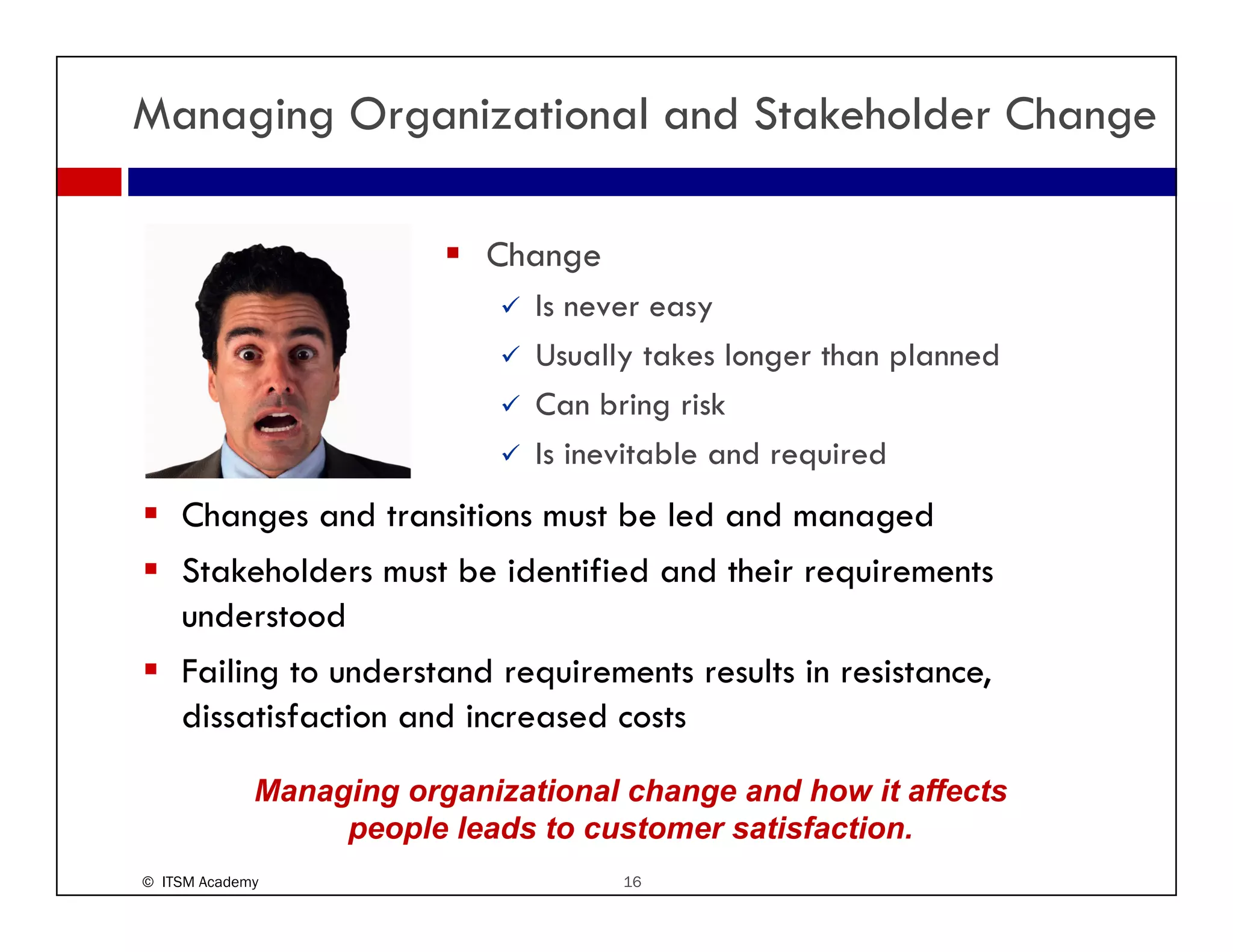 Managing Organizational and Stakeholder Change

                            Change
                               Is
                               I never easy
                               Usually takes longer than planned
                               Can bring risk
                                         g
                               Is inevitable and required
    Changes and transitions must be led and managed
    Stakeholders must be identified and their requirements
    understood
    Failing to understand requirements results in resistance,
    dissatisfaction and increased costs
             Managing organizational change and how it affects
                  people leads to customer satisfaction.
© ITSM Academy                       16
 