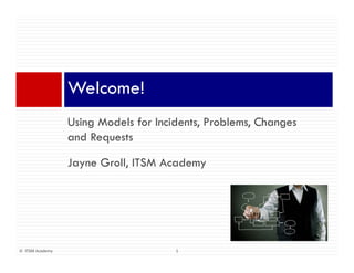 Welcome!
                 W l    !
                 Using M d l f Incidents, P bl
                 U i Models for I id      Problems, Changes
                                                    Ch
                 and Requests

                 Jayne Groll, ITSM Academy




© ITSM Academy                      1
 