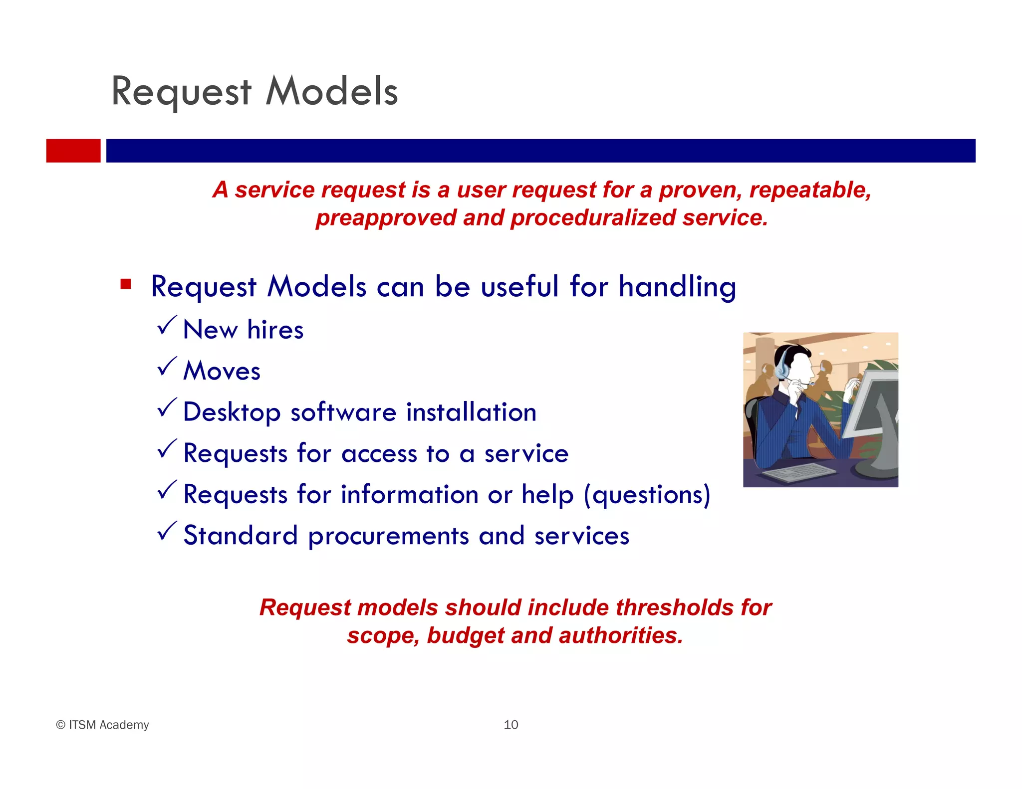 Request Models

                     A service request is a user request for a proven, repeatable,
                              preapproved and proceduralized service.


          Request Models can be useful for handling
                  New hires
                  Moves
                  Desktop software installation
                  Requests for access to a service
                  Requests for information or help (questions)
                  Standard procurements and services

                         Request models should include thresholds for
                                scope, budget and authorities.


© ITSM Academy                                 10
 