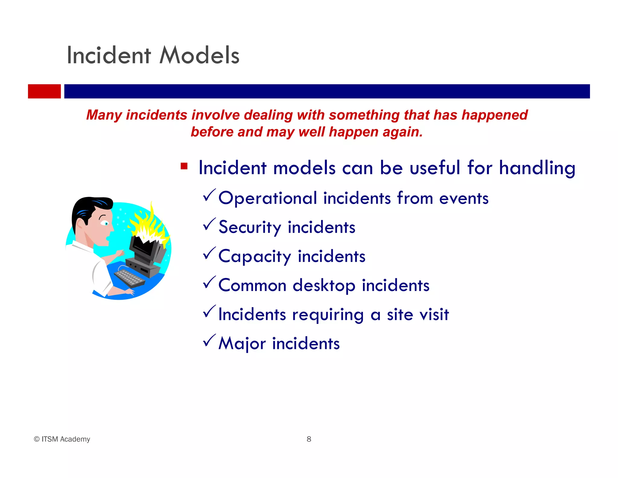 Incident Models

            Many incidents involve dealing with something that has happened
                           before and may well happen again.

                          Incident models can be useful for handling
                            Operational incidents from events
                            Security incidents
                            Capacity incidents
                            Common desktop incidents
                            Incidents requiring a site visit
                            Major incidents



© ITSM Academy                             8
 