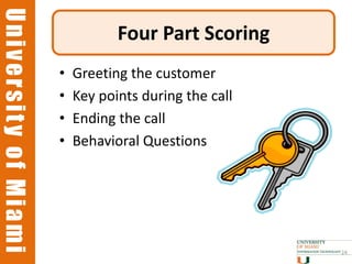 University of Miami
University of Miami
                                 Four Part Scoring
                      •   Greeting the customer
                      •   Key points during the call
                      •   Ending the call
                      •   Behavioral Questions




                                                       24
 