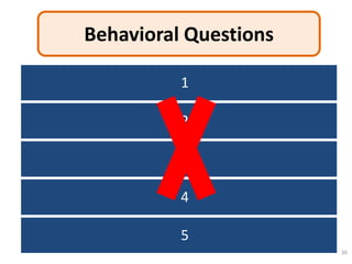 Behavioral Questions

                 1
  Answered all caller’s questions

                   2
   Attitude positive and friendly

     Speak audibly and clearly
                 3

                   4
Apologize for inconveniences caused

                5
    Courteous and empathetic
                                      30
 