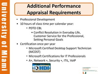 University of Miami
University of Miami
                             Additional Performance
                             Appraisal Requirements
                      • Professional Development
                      • 10 hours of class time per calendar year:
                             • PDTO CBL
                                 • Conflict Resolution in Everyday Life,
                                   Customer Service for the Professional,
                                   Setting Personal Goals
                      • Certification once per year
                             • Microsoft Certified Desktop Support Technician
                               (MCDST)
                             • Microsoft Certifications for IT Professionals
                             • A+, Network +, Security +, ITIL, VoIP

                                                                                34
 