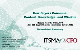 ITSMA/CFO Survey | 2013 How B2B Buyers Consume Information

How Buyers Consume:
Content, Knowledge, and Wisdom
Results from the ITSMA/CFO
How B2B Buyers Consume Information Survey, 2013

Abbreviated Summary
Julie Schwartz
Senior Vice President, Research and
Thought Leadership, ITSMA
Dianne Kim
Research Associate, ITSMA
© 2013 ITSMA. All rights reserved. F024AS Reproduction or forwarding of this document to others is prohibited.

1

 