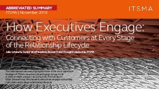 How Executives Engage:
Connecting with Customers at Every Stage
ofthe Relationship Lifecycle
Julie Schwartz,Senior Vice President,Research and Thought Leadership,ITSMA
ABBREVIATED SUMMARY
ITSMA | November 2018
This abbreviated summary highlights some of the most significant
findings of ITSMA’s How Executives Engage Survey,2018.
A more in-depth analysis can be found in the full report
https://www.itsma.com/research/executives-engage-connecting-
customers-every-stage-relationship-lifecycle/
 