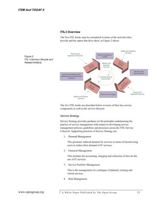 ITSM And TOGAF 9




                                   ITIL3 Overview
                                   The five ITIL books may be considered in terms of the activities they
                                   provide and the inputs that drive them, as Figure 2 shows.




    Figure 2:
    ITIL 3 Service Lifecycle and
    Related Artifacts




                                   The five ITIL books are described below in terms of their key service
                                   components as well as the service lifecycle.

                                   Service Strategy

                                   Service Strategy provides guidance on the principles underpinning the
                                   practice of service management with respect to developing service
                                   management policies, guidelines and processes across the ITIL Service
                                   Lifecycle. Supporting practices of Service Strategy are:

                                      1.   Demand Management

                                           This promotes reduced demand for services in terms of incentivizing
                                           users to reduce their demand of IT services.

                                      2.   Financial Management

                                           This includes the accounting, charging and collection of fees for the
                                           use of IT services.

                                      3.   Service Portfolio Management

                                           This is the management of a catalogue of planned, existing and
                                           retired services.

                                      4.   Risk Management




www.opengroup.org                   A White P aper P ublished by The Open Group                                    13
 