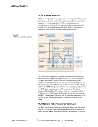 ITSM And TOGAF 9



                              ITIL as a TOGAF Viewpoint
                              A TOGAF Viewpoint provides a perspective of the architectural model and
                              documents. A viewpoint consists of several views, and every view has an
                              associated viewpoint that describes it. Views are abstractions, or
                              simplifications, of the entire design in a manner that some characteristics
                              are made more visible by leaving details aside. TOGAF has a number of
                              Viewpoints, some of which are shown categorized in Figure 5.


 Figure 5:
 TOGAF Views and Viewpoints




                              The Requirements Viewpoint is related to the Business and Technology
                              domains from two perspectives: operational (for ITIL) and delivery (for
                              TOGAF). The sum total of these views and viewpoints make up an
                              Enterprise Architecture domain. The next two Viewpoints of Figure 5 are
                              delivery related and, for TOGAF, map to artifacts created in Phases B, C,
                              and D of the ADM. The Operational Viewpoint is added as specific to ITIL.
                              Four ITIL stages are used to provide Views within the Operational
                              Viewpoint. The Validation Viewpoint is made up of two conjoined Views:
                              the Test View (for TOGAF) and the Continual Service Improvement View
                              (for ITIL). On the basis of our ADM to ITIL mappings, as discussed in the
                              previous section, a data flow mapping is creating between the various
                              Views.

                              ITIL CMDB and TOGAF Enterprise Continuum
                              The ITIL Configuration Management Database (CMDB) and, at a broader
                              level, the ITIL Service Knowledge Management System (SKMS) can be
                              aligned with the TOGAF Enterprise Continuum or Enterprise Architecture




www.opengroup.org              A White P aper P ublished by The Open Group                              24
 