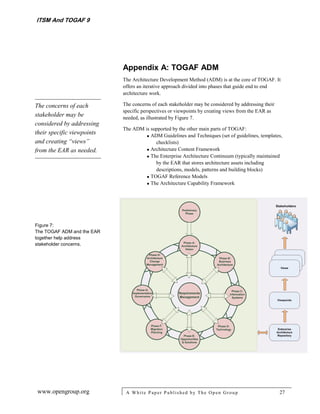 ITSM And TOGAF 9




                            Appendix A: TOGAF ADM
                            The Architecture Development Method (ADM) is at the core of TOGAF. It
                            offers an iterative approach divided into phases that guide end to end
                            architecture work.

The concerns of each        The concerns of each stakeholder may be considered by addressing their
                            specific perspectives or viewpoints by creating views from the EAR as
stakeholder may be          needed, as illustrated by Figure 7.
considered by addressing
                            The ADM is supported by the other main parts of TOGAF:
their specific viewpoints
                                      ADM Guidelines and Techniques (set of guidelines, templates,
and creating “views”                     checklists)
from the EAR as needed.               Architecture Content Framework
                                      The Enterprise Architecture Continuum (typically maintained
                                         by the EAR that stores architecture assets including
                                         descriptions, models, patterns and building blocks)
                                      TOGAF Reference Models
                                      The Architecture Capability Framework




Figure 7:
The TOGAF ADM and the EAR
together help address
stakeholder concerns.




www.opengroup.org            A White P aper P ublished by The Open Group                             27
 