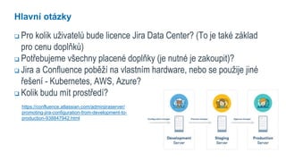 54
Hlavní otázky
 Pro kolik uživatelů bude licence Jira Data Center? (To je také základ
pro cenu doplňků)
 Potřebujeme všechny placené doplňky (je nutné je zakoupit)?
 Jira a Confluence poběží na vlastním hardware, nebo se použije jiné
řešení - Kubernetes, AWS, Azure?
 Kolik budu mít prostředí?
https://confluence.atlassian.com/adminjiraserver/
promoting-jira-configuration-from-development-to-
production-938847942.html
 