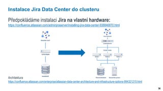 56
Instalace Jira Data Center do clusteru
Předpokládáme instalaci Jira na vlastní hardware:
https://confluence.atlassian.com/adminjiraserver/installing-jira-data-center-938846870.html
Architektura
https://confluence.atlassian.com/enterprise/atlassian-data-center-architecture-and-infrastructure-options-994321215.html
 