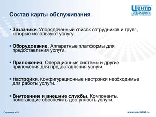 Страница  51 www.specialist.ru
Состав карты обслуживания
 Заказчики. Упорядоченный список сотрудников и групп,
которые используют услугу.
 Оборудование. Аппаратные платформы для
предоставления услуги.
 Приложения. Операционные системы и другие
приложения для предоставления услуги.
 Настройки. Конфигурационные настройки необходимые
для работы услуги.
 Внутренние и внешние службы. Компоненты,
помогающие обеспечить доступность услуги.
 
