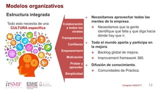 12Congreso AGILE17
Modelos organizativos
Estructura integrada  Necesitamos aprovechar todas las
mentes de la empresa.
 N...