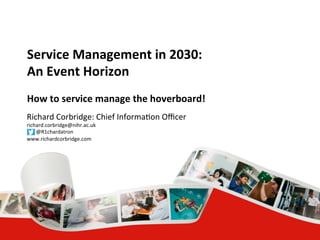 Service 
Management 
in 
2030: 
An 
Event 
Horizon 
How 
to 
service 
manage 
the 
hoverboard! 
Richard 
Corbridge: 
Chief 
Informa3on 
Officer 
richard.corbridge@nihr.ac.uk 
@R1chardatron 
www.richardcorbridge.com 
 